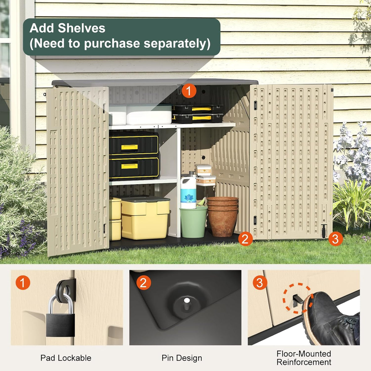 30 Cu.Ft Outdoor Storage Shed, Multi-Purpose Weather-Resistant Utility Shed for Garbage Cans, Lawn Mower, Garden Tools, Waterproof Resin Horizontal Cabinet with Pad-Lockable Doors (Khaki)