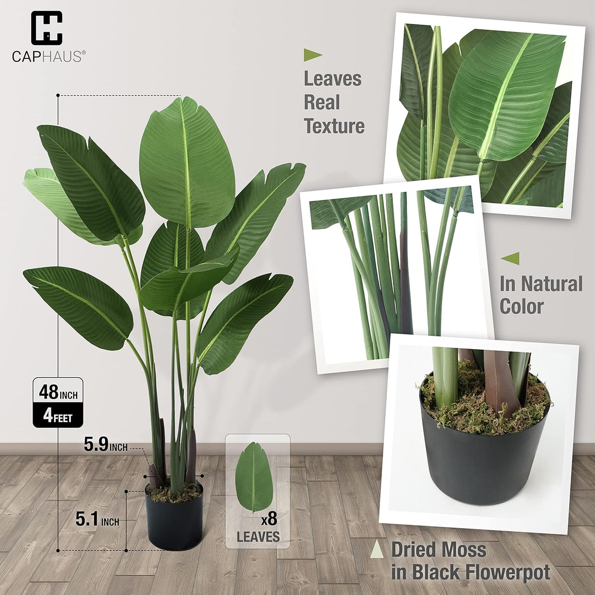 CAPHAUS 4 Feet Artificial Bird of Paradise, 48 Inch with 8 Trunks, Premium UV Resistant Lifelike Fake Plant in Pot with Dried Moss for Office, Indoor/Outdoor Use & Tropical Home Décor