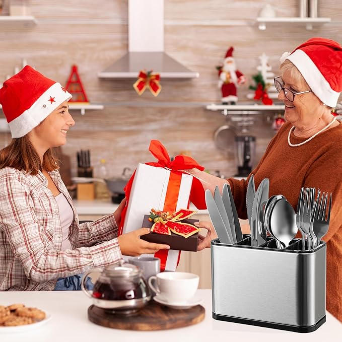 LIBODOUR Utensil Holder,Stainless Steel Caddy Counter,Spoon holder,4 Compartments Silverware Caddy,Capacity Flatware Spoon Fork Tool Cutlery Holder（Silvery）