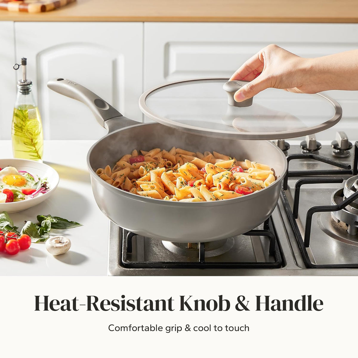 Redchef Ceramic Coated Nonstick Frying Pan with Cover, Large Deep Saute Pan Skillet, Induction Ready, Dishwasher Safe, PFOA PFOS Free, Non Toxic, Glass Lid Large Deep Frying Pan, Grey (5.5Qt, 12")