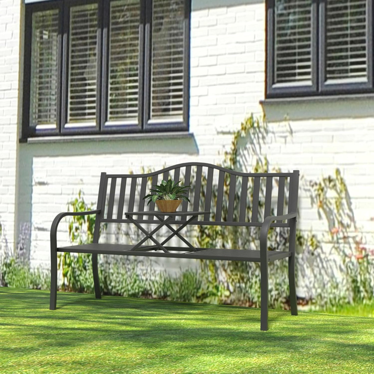 YLGJ&TIDY 50" Outdoor Bench, Metal Garden Bench, Patio Park Bench with Backrest & Armrests, Rust-Resistant, Perfect for Gardens, Parks, Porch, Lawn and Yard (BENCH04)