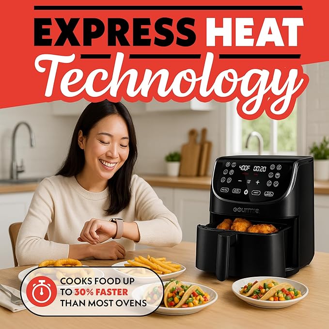 Gourmia Air Fryer - 7 Qt Large Capacity with LED Display, 12 One-Touch Presets, FryForce 360° Technology, Nonstick Dishwasher-Safe Basket & Crisper Tray, Black
