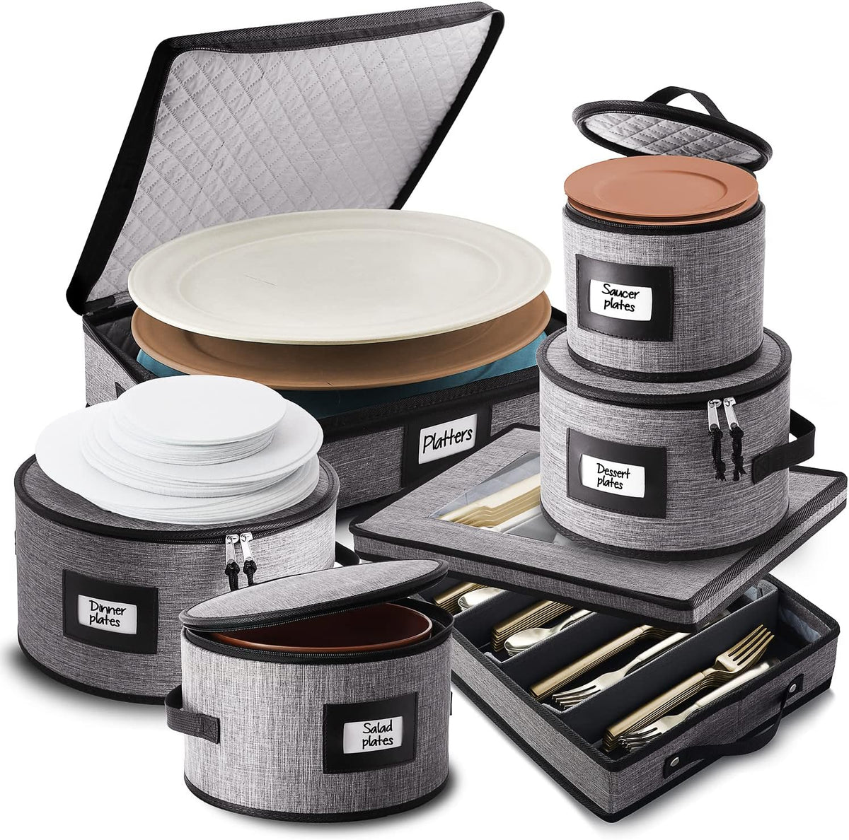 Fine China Hard Shell Dish & Utensil Storage Containers - 6 Piece Stackable Plate Storage with Dividers for Moving & Seasonal Use