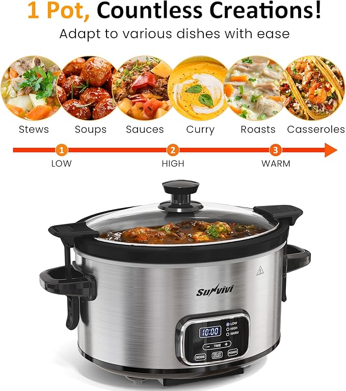 Sunvivi 4QT Programmable Slow Cooker with Locking Lid, Removable Ceramic Pot, 3 Heating Settings & Timer, Dishwasher-Safe, Stainless Steel