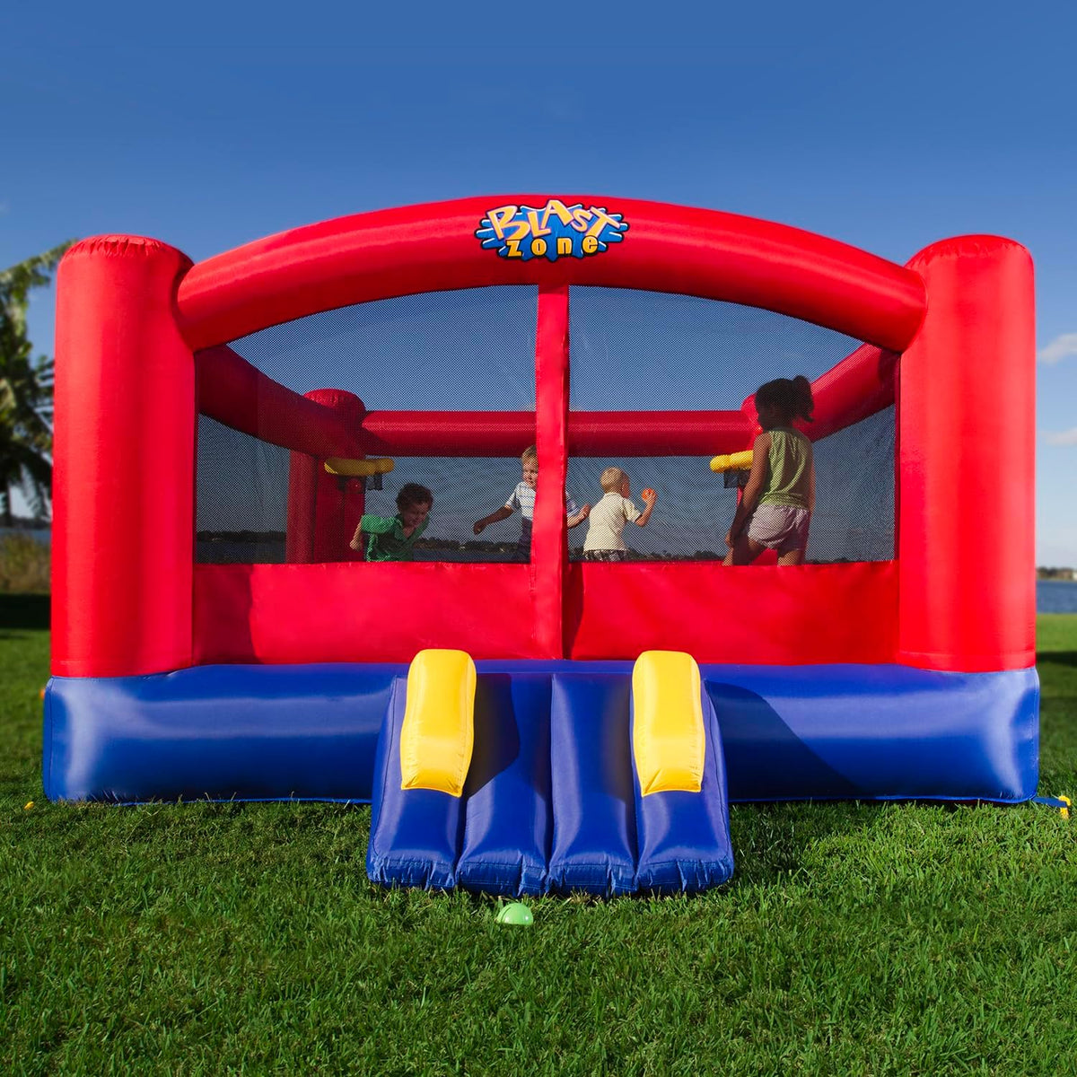 Double Play - Inflatable Dual Hoops Bounce House with Blower - Premium Quality - Holds 7 Kids - Safe and Clean