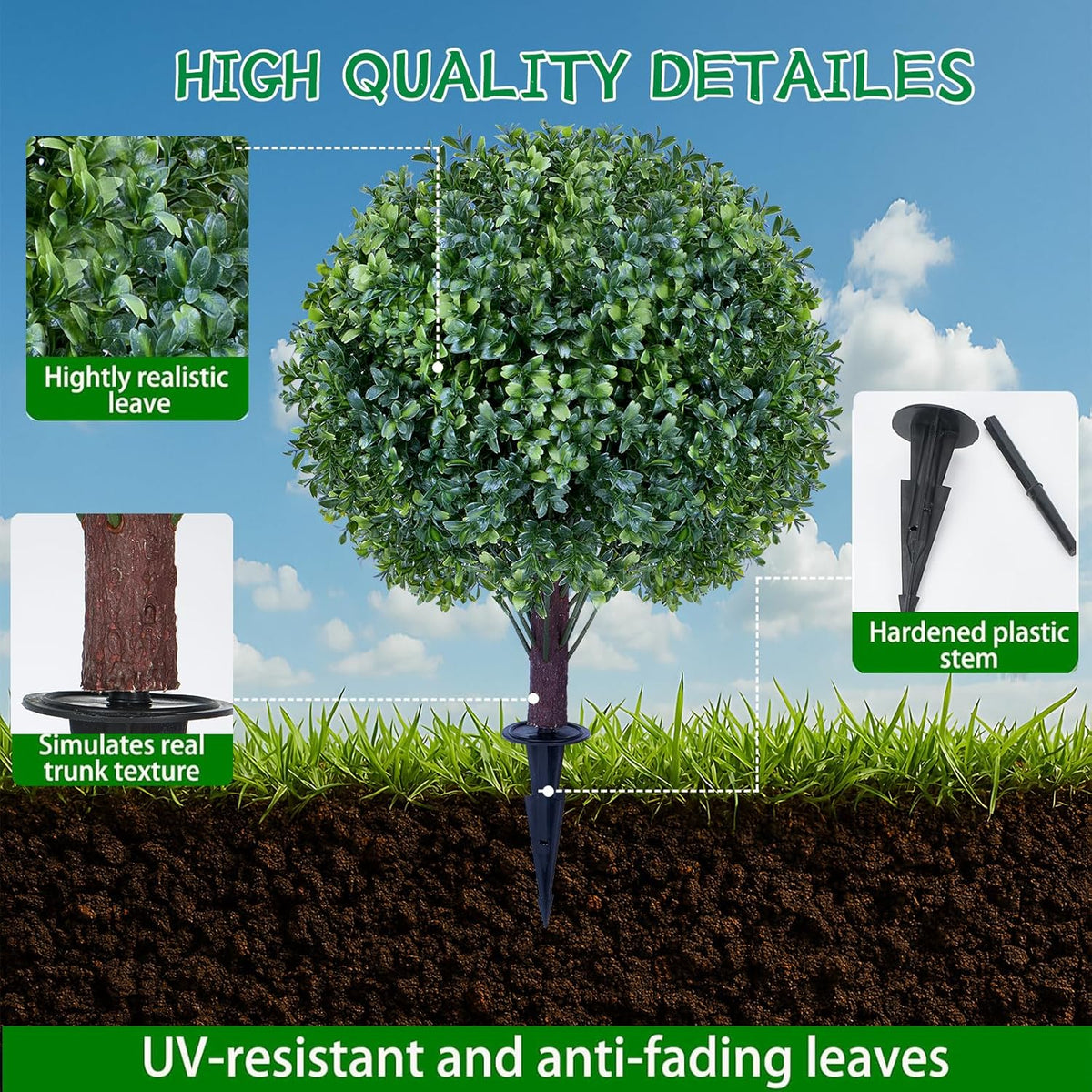 Artificial Boxwood Sphere Bushes Set of 2 Lifelike - UV Resistant Faux Shrubs with Stakes for Effortless Porch, Planter & Indoor Decor 16in FZHCZWZX