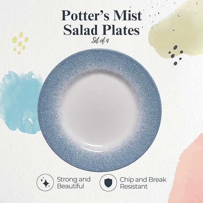 Portmeirion Potter's Mist Dinner Plate (Set of 4) - 8-Inch Stackable Earthenware Plates - Microwave & Dishwasher Safe, Handcrafted Dinnerware for Casual & Formal Table Settings (Blue Mist)
