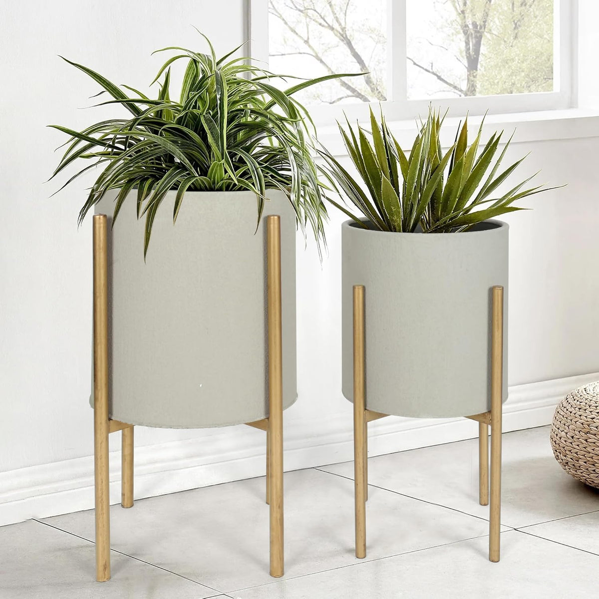 Oakrain Plants Pots with Stand, Set of 2 Planters for Indoor Plants, Modern Decorative Metal Flower Pots for Living Room, Garden, Balcony, 10"&12", Cement Gray Frosted