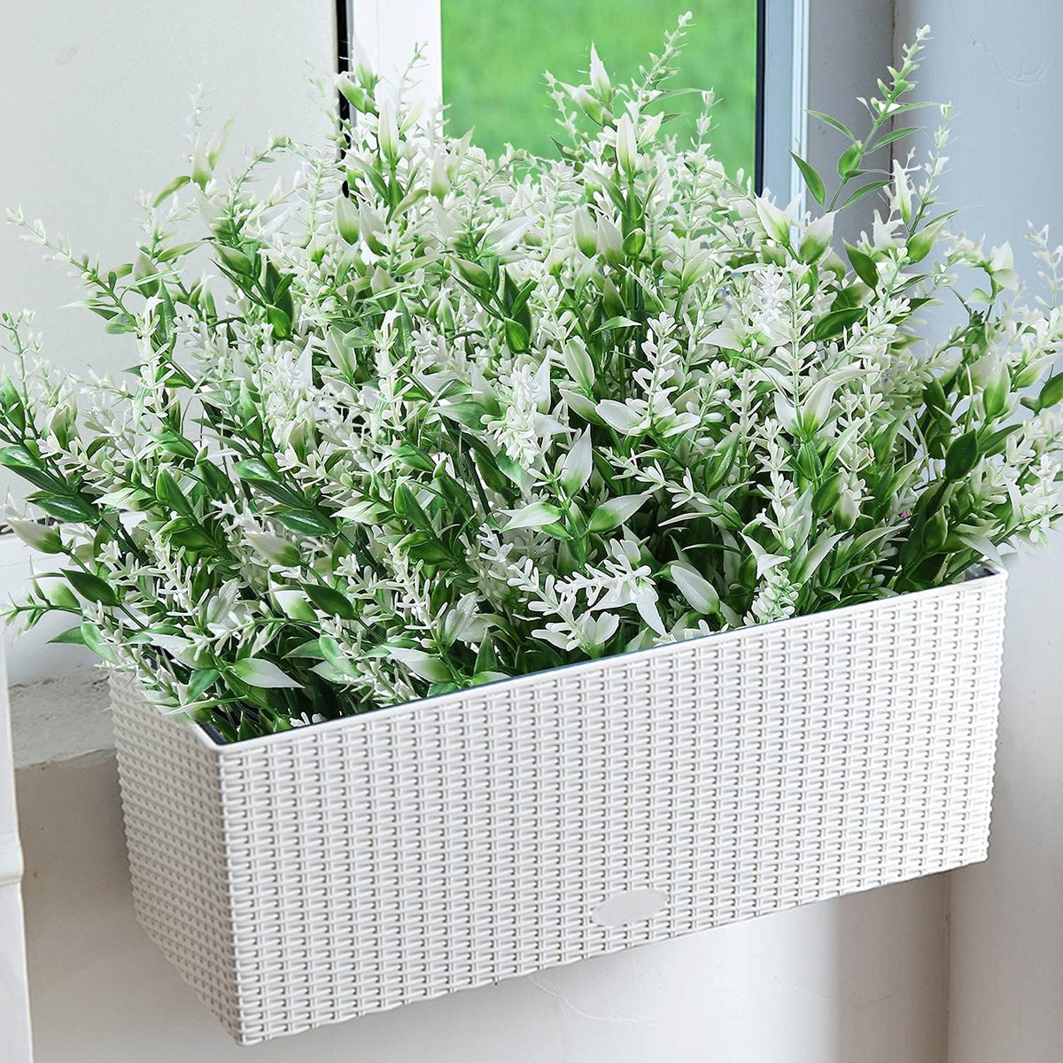 8 Pack Artificial Plants Flowers Grass Shrubs No Fade Faux Plastic Flowers Outdoor for Vases Farmhouse Garden Porch Patio Office Indoor Wedding Decoration Greenery Fake Plants (5#White)