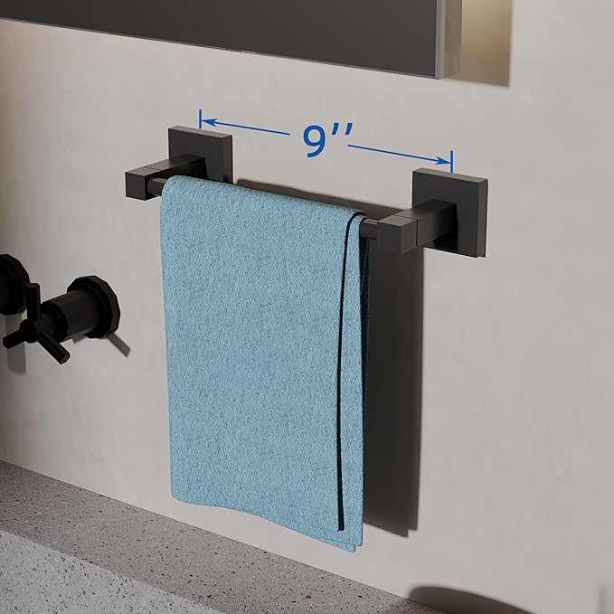 RUACQ Hand Towel Holder, 9 Inch Hand Towel Bar for Bathroom Wall Mounted, 304 Stainless Steel Towel Rack with Square Base(Matte Black)
