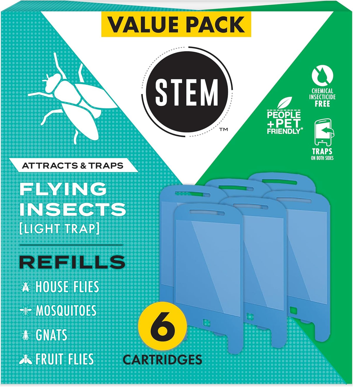 STEM Light Trap Refill Cartridges, Indoor Fruit Fly Trap, Effective Insect Control for Home, Attracts and Traps Flying Insects, Compatible with STEM Light Trap, 6 Count