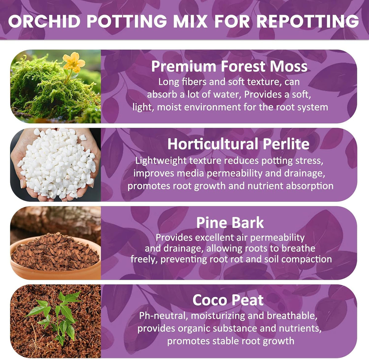 Legigo 6 QT Orchid Potting Mix- Natural Orchid Soil Mix for Repotting with Moss, Pine Bark, Coco Peat and Perlite, Enhanced Drainage Orchid Bark Potting Mix Repotting Kit for Indoor Plant Growth