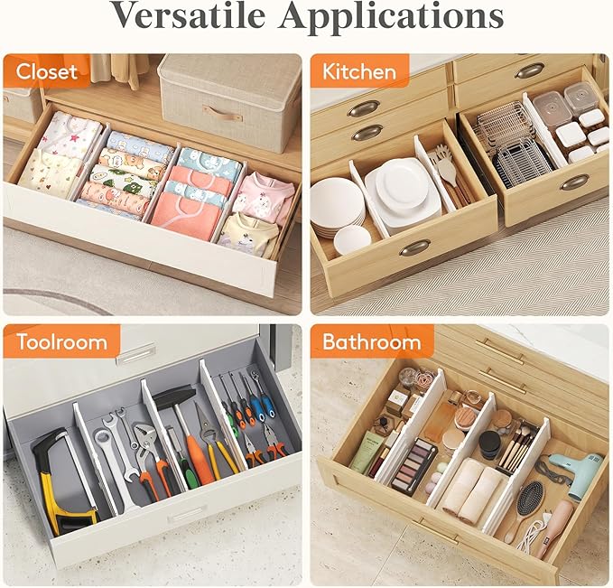 Lifewit 6" Tall 9 Pack Drawer Dividers, 30-47cm/11.5-18.5" Expandable Drawer Divider for Clothes, Adjustable Dresser Drawer Organizers, Drawers Separators for Dresser/Bathroom/Closet/Kitchen White