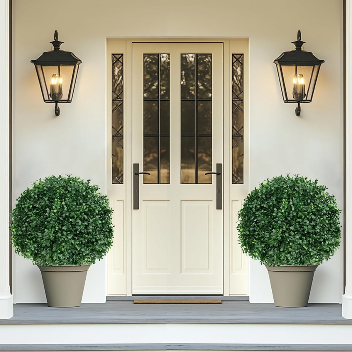 Artificial Boxwood Topiary Ball Tree with Ground Spike, Set of 2 Artificial Shrub Bushes, Fake Evergreen Tree for Porch, Artificial Plants for Outdoor Planters Indoor UV Resistant