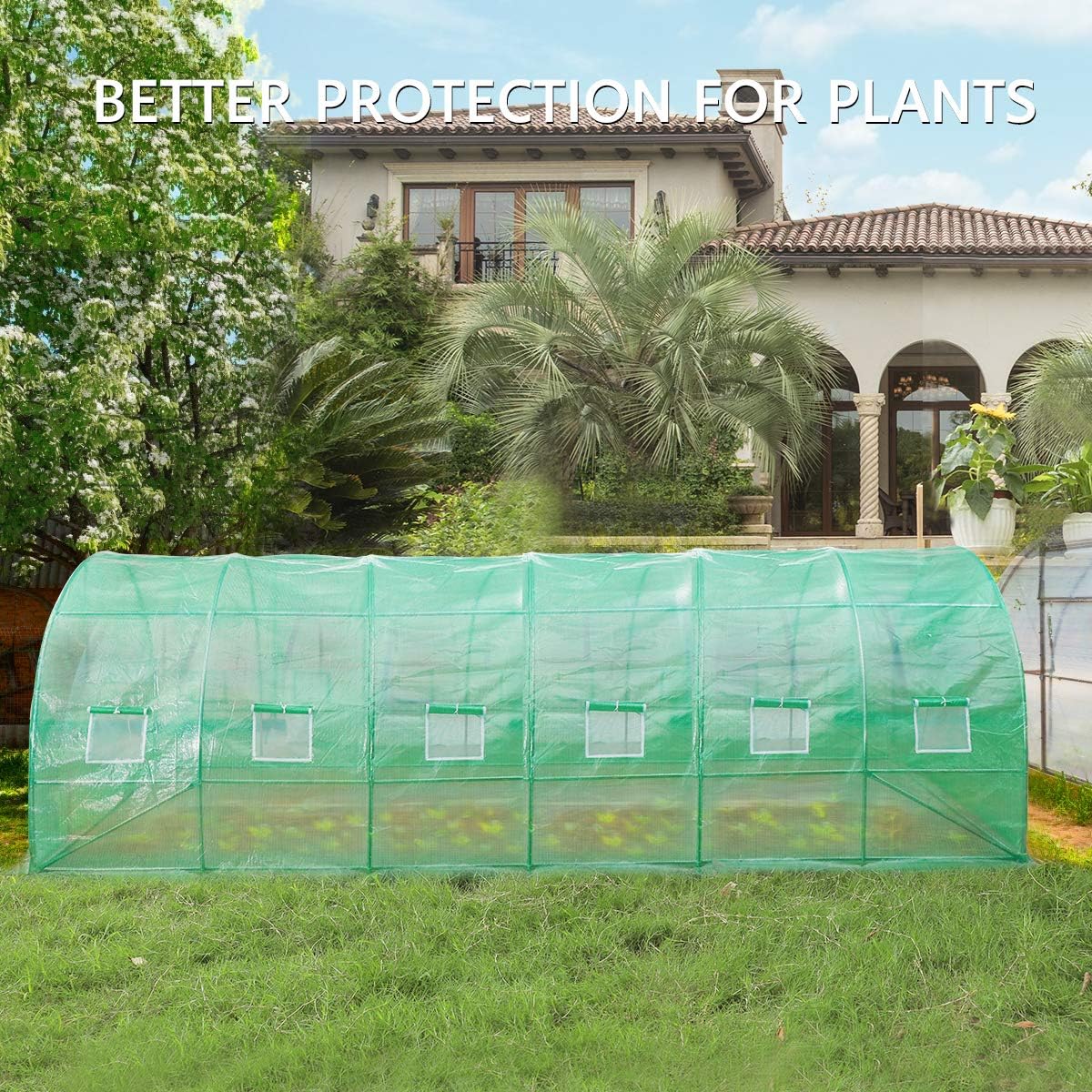 VIVOSUN 20x10x7 Ft. Large Walk in Greenhouse, Greenhouse Tunnel, Garden Plant Hot House with Green PE Cover, Roll-up Zipper Door and Window for Outdoor
