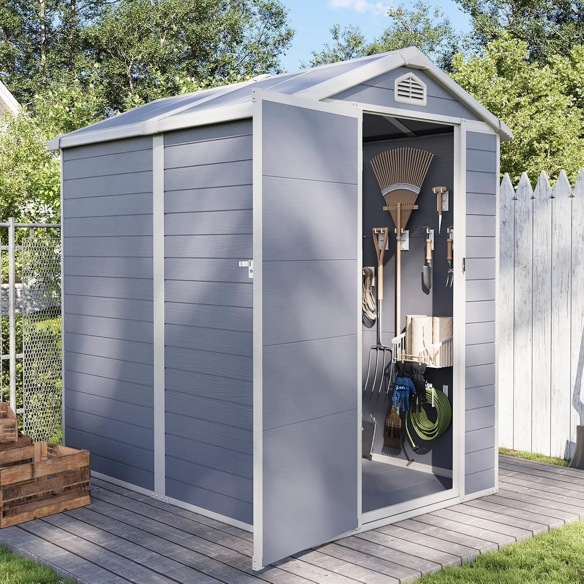 Aoxun 6.3 X 4.2 FT Resin Storage Shed Outdoor Plastic Large Garden Shed with Lockable Door, Floor for Backyard, Garden, Patio, Lawn, Grey (Grey, 6.3 x 4.4)