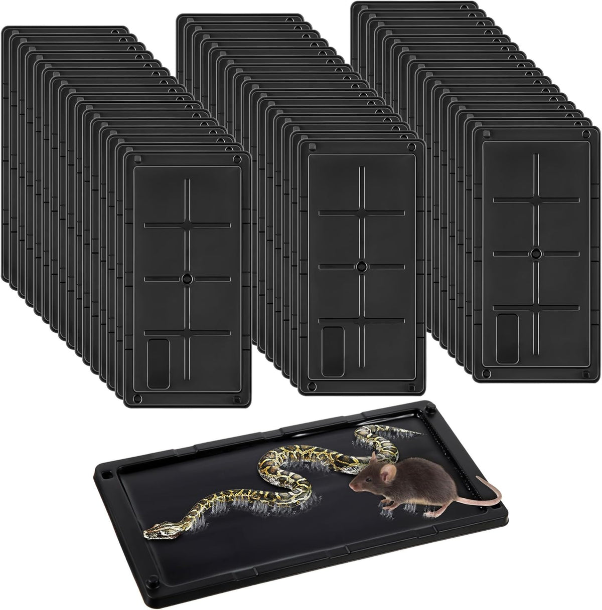 Qualirey 48 Pack Glue Traps for Rats and Snakes, Larger and Heavy Duty Baited Sticky Traps with Non Toxic Glue, Exterminator Plastic Mouse Indoor Board, Ready to Use, Safe to Children and Pets (Black)