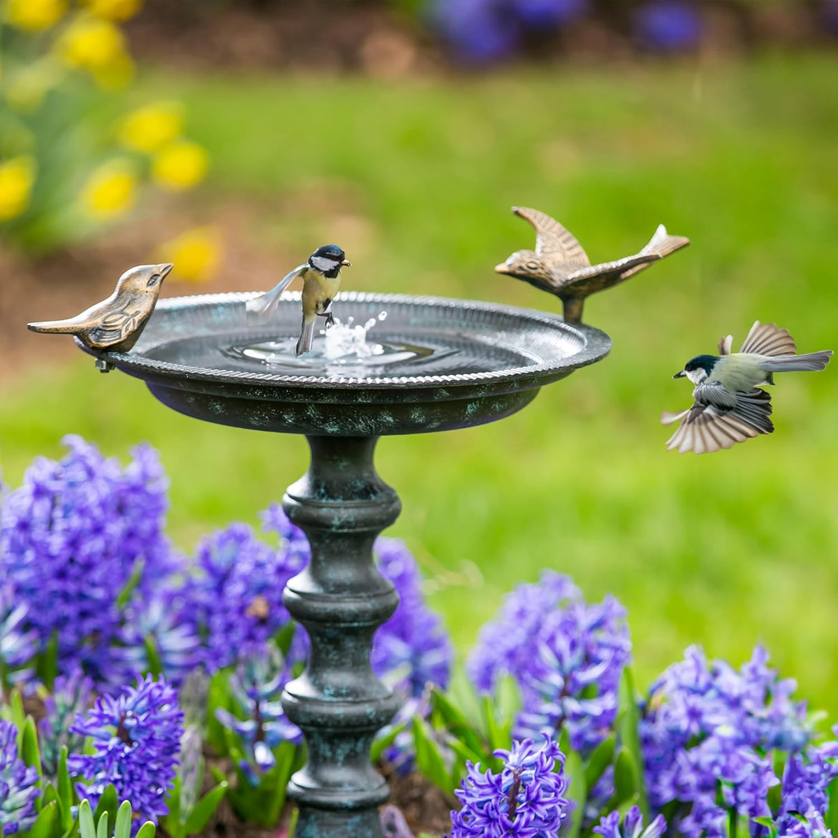 Evergreen Hummingbird Metal Bird Bath Bowl with Stand - Heavy Duty, Ground Standing Bird Bath and Feeder for Garden, Yard, Deck