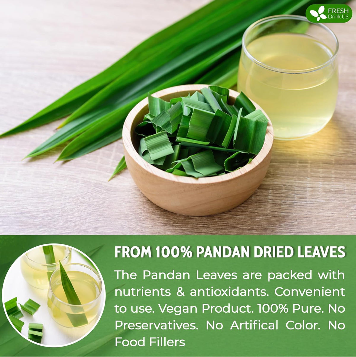FreshDrinkUS, Premium 2oz Natural Pandan Leaves Dried, 100% Pure Dried Pandan Leaves, Pandan Leaf Tea, No Additives, No Caffeine, Vegan (2 oz Dried Leaves)