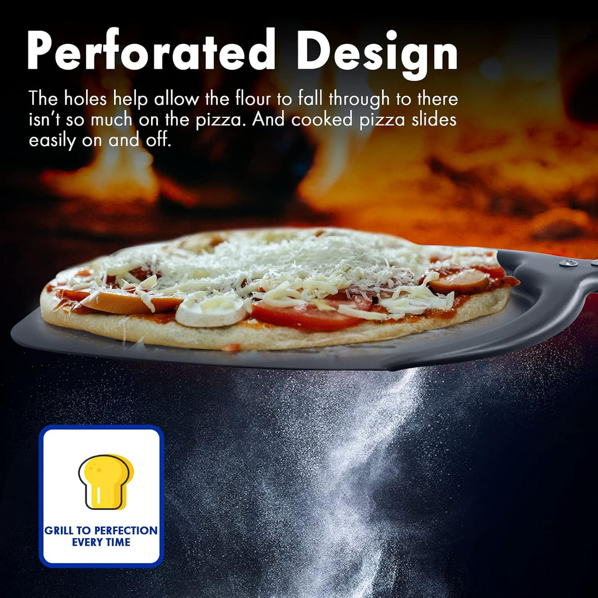 Professional Aluminum Pizza Paddle, 12 Inch Perforated, Restaurant Grade, Long Handle Non-Stick Metal Pizza Peel for Outdoor Oven