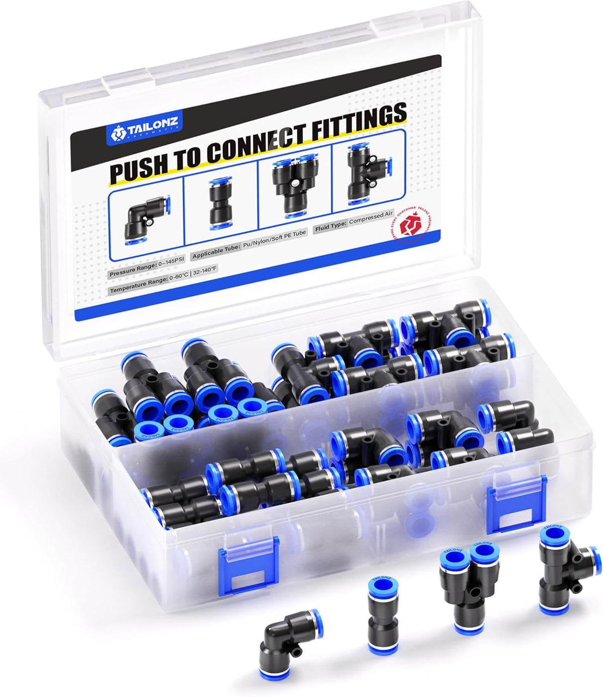 TAILONZ PNEUMATIC 1/2 Inch od Push to Connect Fittings Pneumatic Fittings kit 10 Spliters+10 Elbows+10 tee+10 Straight (40 pcs)