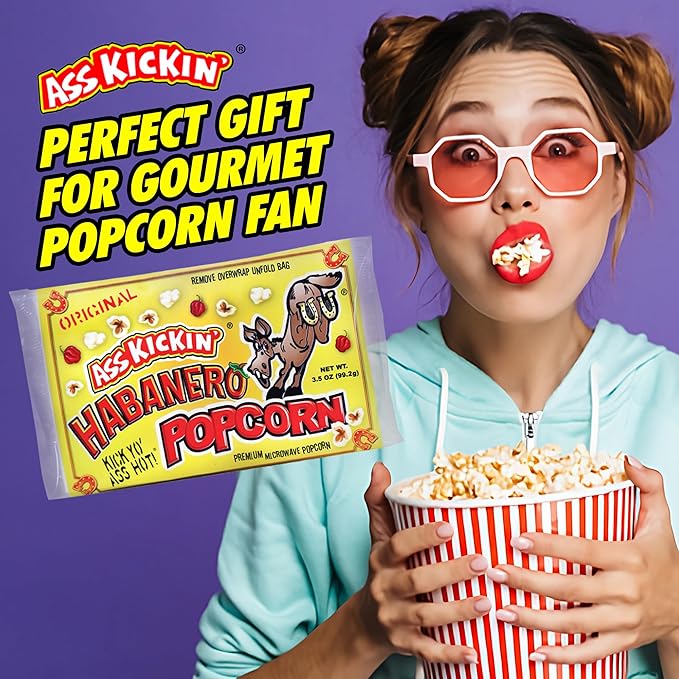 ASS KICKIN' Habanero Microwave Popcorn Bags - 12 Pack - Ultimate Spicy Popcorn Gourmet Gift - Makes a Great Movie Theater Popcorn or Snack Food for Movie Night