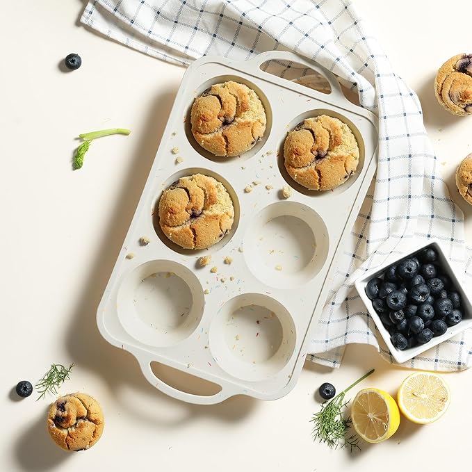 Socisen 2 Packs 6 Cups Silicone Muffin Pan with Metal Reinforced Frame Jumbo Size Cupcake Pan Tray Egg Bites Silicone Circle Cookie Molds Muffin Tin Tart Pans Large Big Baking Sheet Set for Breakfast