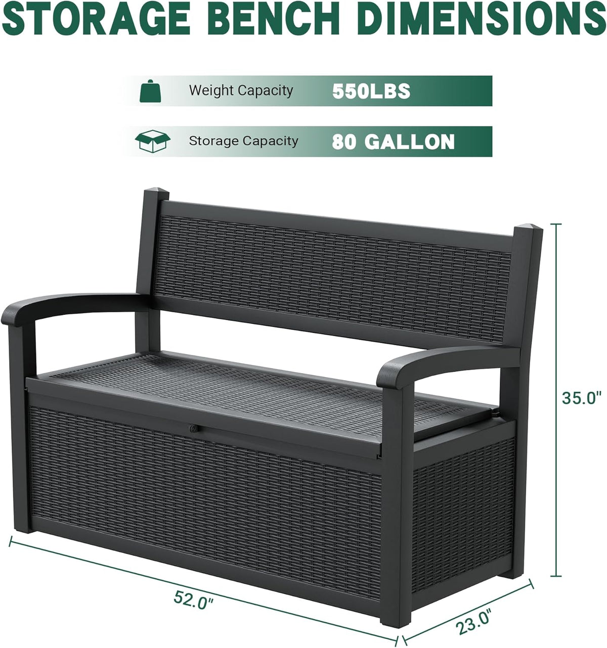 80 Gallon Outdoor Storage Box, Resin Patio Furniture with Armrest, Lockable Deck Box with Waterproof and UV Resistant for Patio Cushions, Garden Tools and Pool Supplies, Black