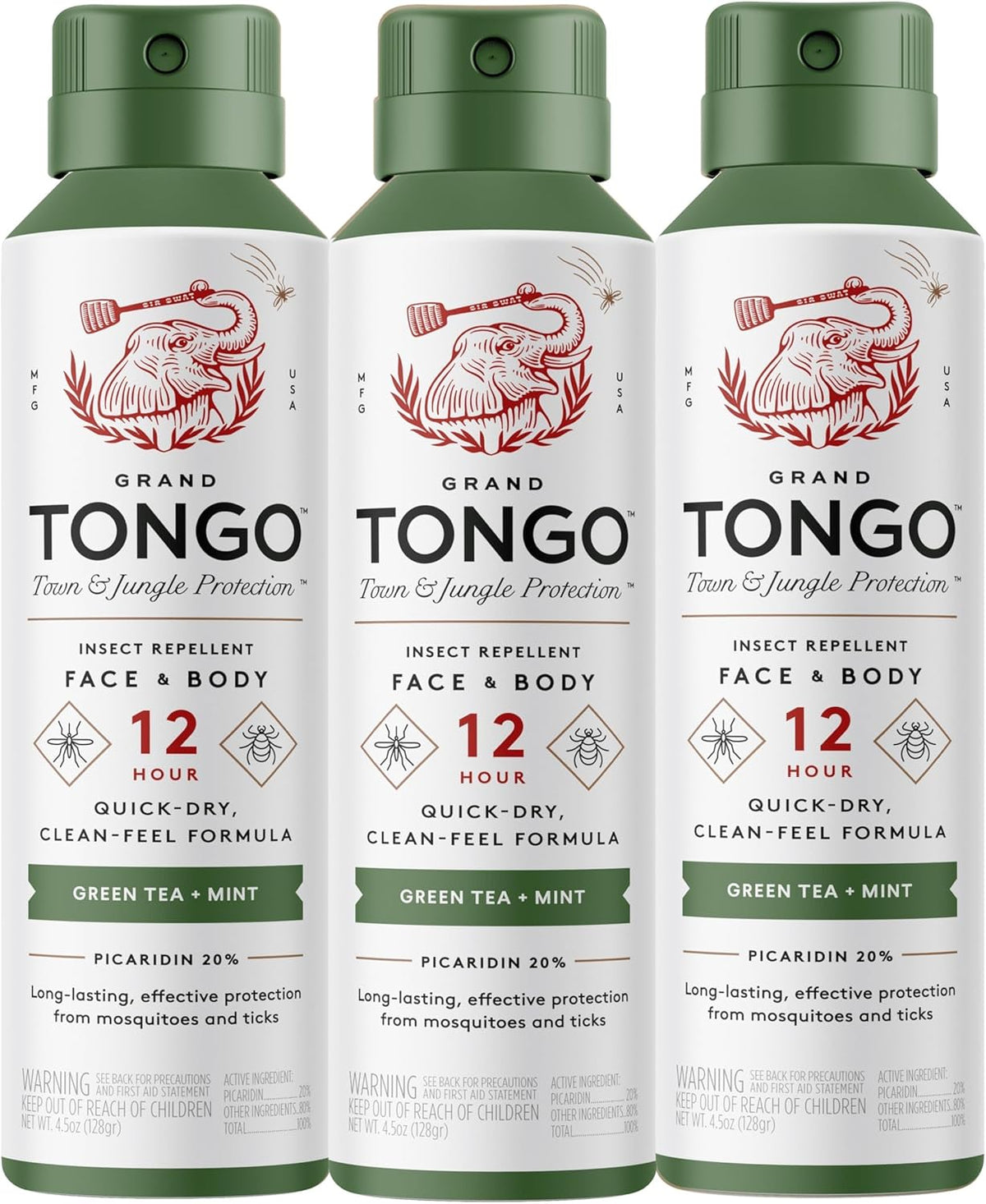 Green Tea + Mint Insect Repellent, 12-Hour Mosquito & Tick Protection, Picaridin-Based, Water-Based, Lightweight, Quick-Drying, Vanishing Scent, DEET Alternative, Face & Body Use, 3 Pack