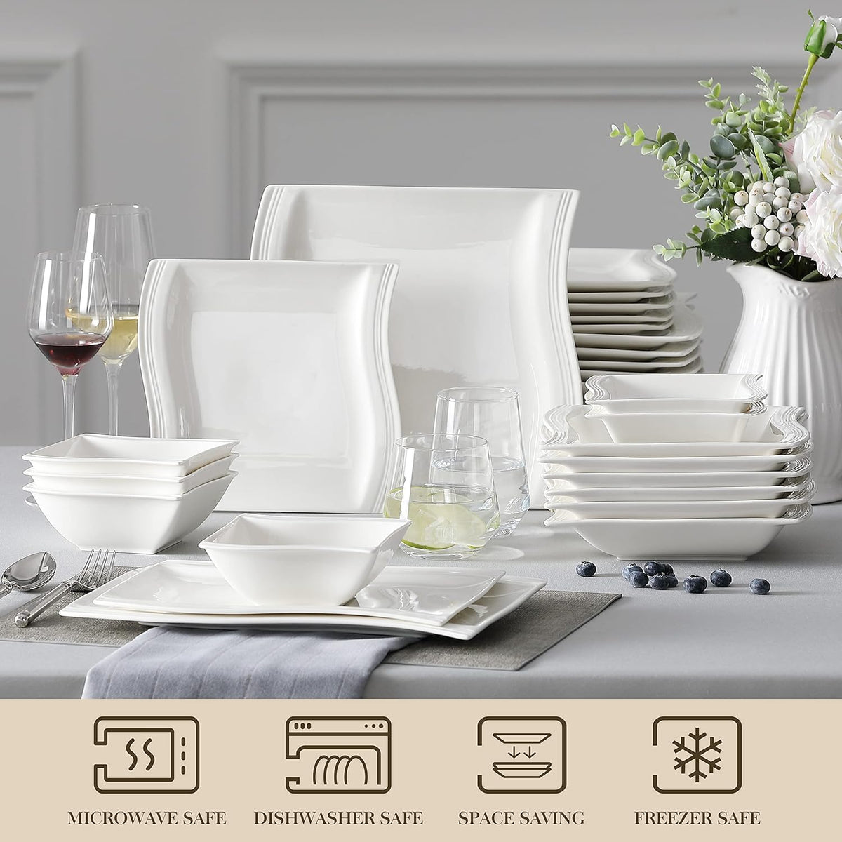 MALACASA Plates and Bowls Sets, 26 Pieces Ivory White Porcelain Dinnerware Sets without Mugs, Square Dinnerware with Dinner Plates, Bowls and Serving Platters, Modern Dish Set for 6, Series Flora
