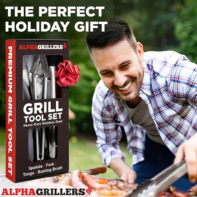 Alpha Grillers Grilling Accessories - Grilling Gifts for Men - BBQ Accessories Grill Tools Set with Spatula, Fork, Brush & Tongs - Outdoor Barbecue Utensils Gifts for Men Dad Him Boyfriend