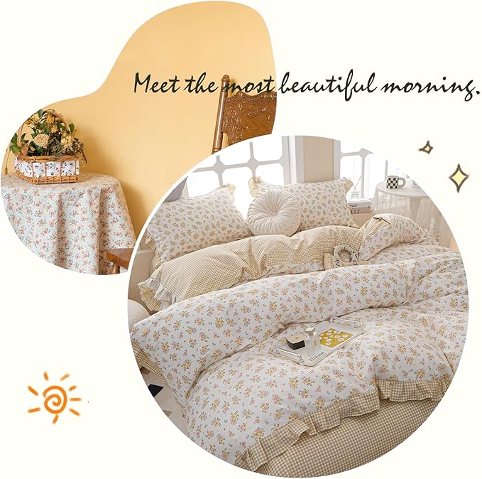 French Style Ruffle Floral Comforter Set Twin XL Vintage Garden Floral Bedding Comforter Reversible Yellow Plaid Bedding Set Rose Flowers Botanical Comforter Set with 2 Pillowcases for All Season