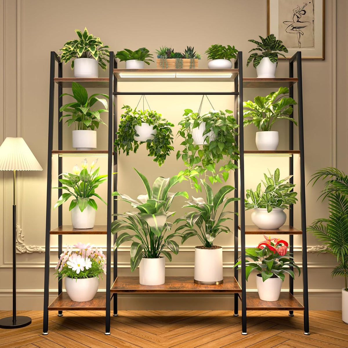 Plant Stand Indoor with Grow Lights, 6 Tiered Metal Plant Shelf, 55" Large Plant Stand for Indoor Plants Multiple, Corner Plant Holder Display Shelves, Tall Plant Rack for Living Room, Patio