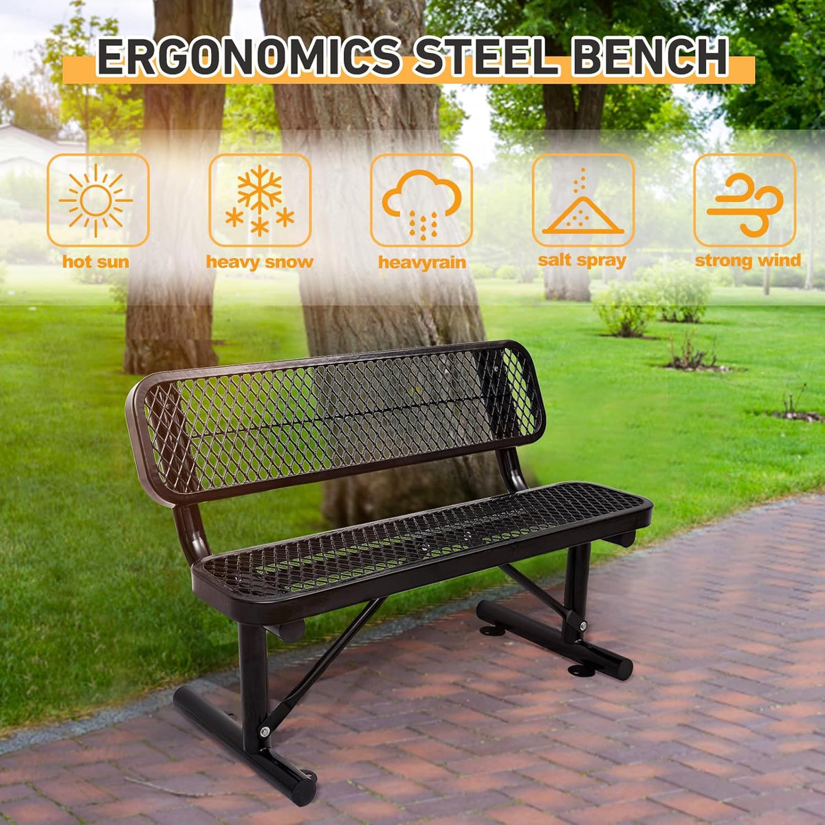 4Ft Outdoor Bench with Back Portable Frame, Outdoor Steel Park Bench with Backrest, Expanded Metal Mesh Bench for Outside, Lawn, Backyard, Park, Deck, Garden, Patio, Porch, Black