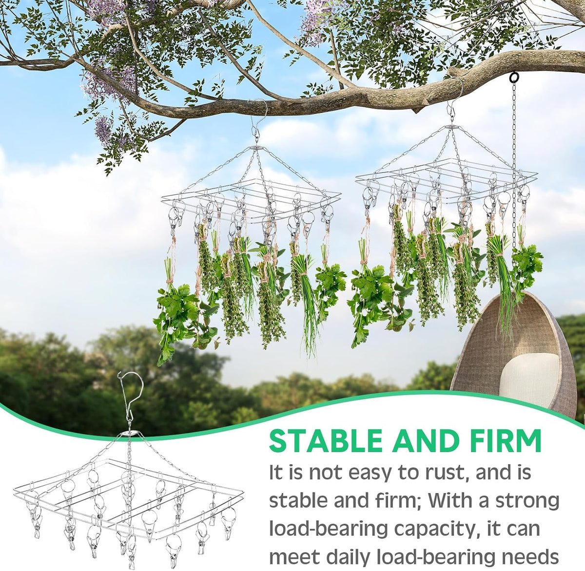 Bokon 4 Pcs Hanging Drying Rack for Herb Macrame Flower with Stainless Clip Dryer Hook for Drying Herb Air Plants Spices Flower Hydroponic Plant Ready to Use with Ceiling Hook(Rectangle)