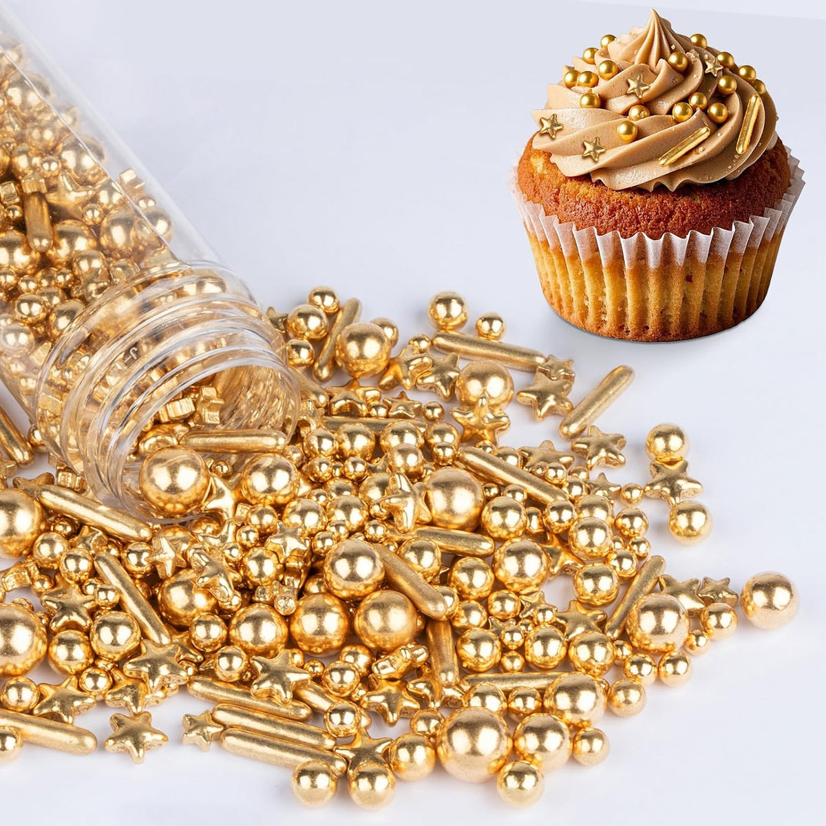 Gold Pearl Sprinkles,Edible Pearl Stars Rods Sugar Candy,Mix Size,Baking Cake Decorations,Cupcake Toppers,Cookie Donuts Ice Cream,Holiday,Birthday Wedding Party Valentines Christmas Supplies,130g/4.58oz