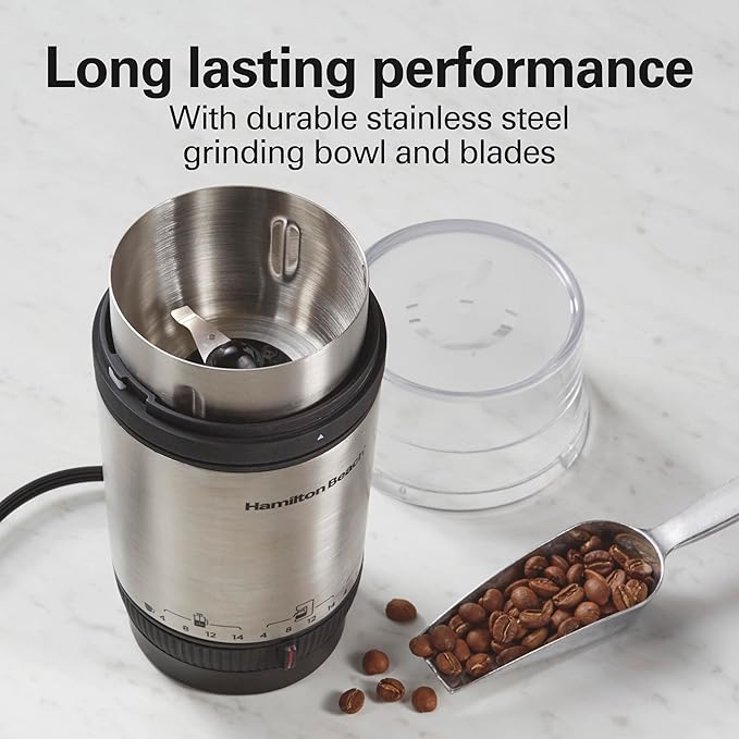 Hamilton Beach Custom Grind Electric Coffee Grinder for 4-14 Cups, One-Press Hand-Free Operation with Auto Shutoff, Removable Grinding Bowl For Easy Pour and Clean, Stainless Steel (80406) (Pack of 2)