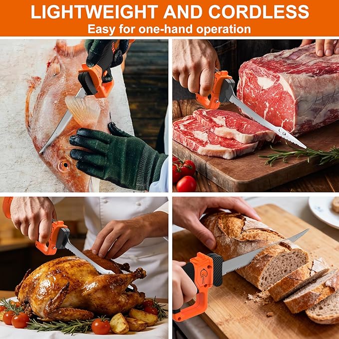 Electric Fillet Knife for Fish - Rechargeable Cordless Electric Knife With Non-Slip Grip Handle & 4 Ti-Nitride S.S. Coated Non-Stick Blades, 2 Batteriess Charger and Case For Fishing