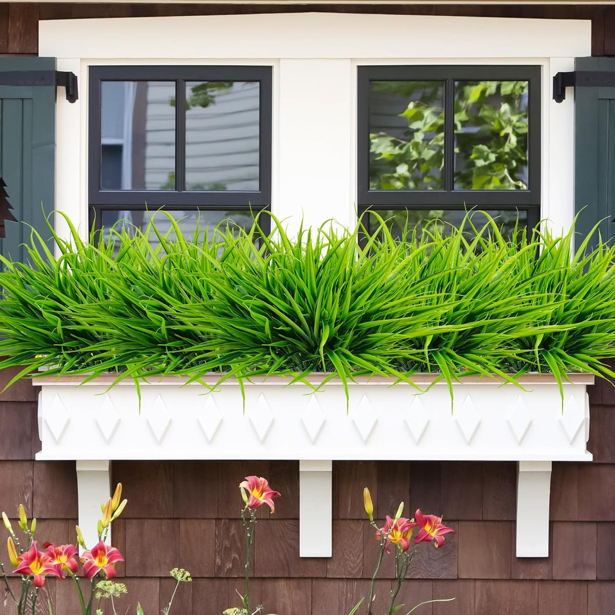 Uieke 6 Bundles Artificial Outdoor Plants UV Resistant Fake Grass Plants Faux Plastic Plants Greenery Shrubs for Home Garden Pathway Window Box Front Porch Cemetery Spring Summer Decor, Green