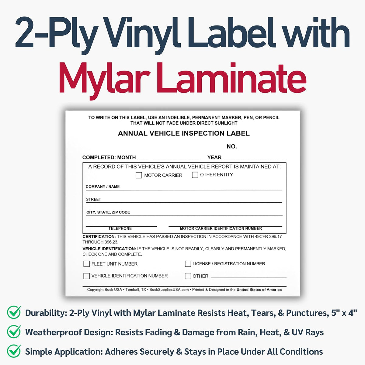 100 Pack Buck Annual Vehicle Inspection Label, 2-Ply Adhesive Vinyl with Mylar Laminate, FMCSA & DOT Compliant, Weatherproof, Tear Resistant, Easy to Write On, 5" x 4" - Made in USA