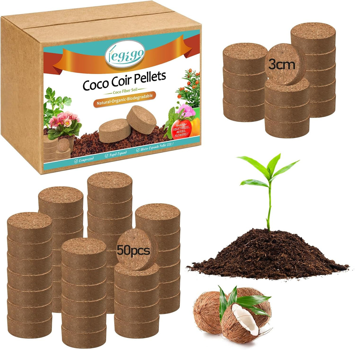 Legigo 50 Pcs 30mm Coco Coir Pellets Seed Starting Soil Mix- Compressed Coconut Coir Pellets Potting Soil Pods for Seedling, Coco Peat Soil Discs for Indoor & Outdoor Plants, Herb Vegetables Flowers