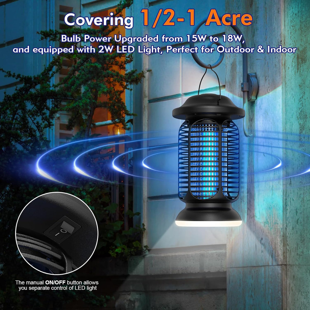 Bug Zapper Outdoor Indoor, Electric Fly Zapper Waterproof with 2W LED Light, 18W Power & 4000V High-Voltage, Coverage Area of 1/2-1 Acre, 5.5ft Cord, Plug-in Mosquito Trap for Patio Backyard Garden