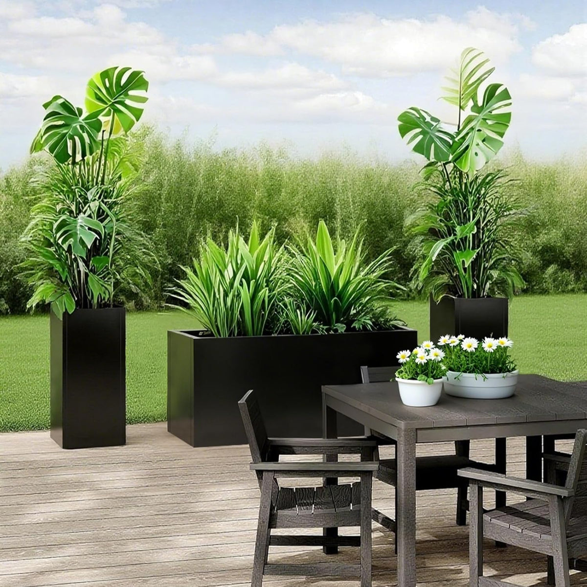 Galvanized Steel Planter Black Metal Outdoor Planter Powder Coated 32" x 12" x 16" Pot Metallic Heavy Pot Indoor & Outdoor, Commercial & Residential (L32 x W12 x D16, Black)