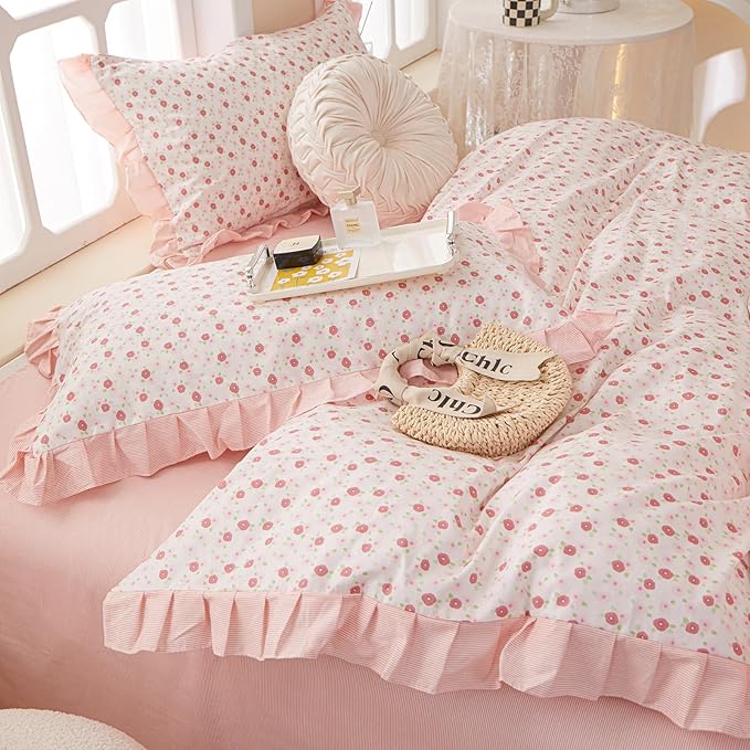 Pink Floral King Comforter Set Chic Flower Bedding Ruffled Comforter Set King Vintage Garden Floral Comforter with Lace Reversible Flower Botanical Comforter Fluffy All Seasons Bedding Set King