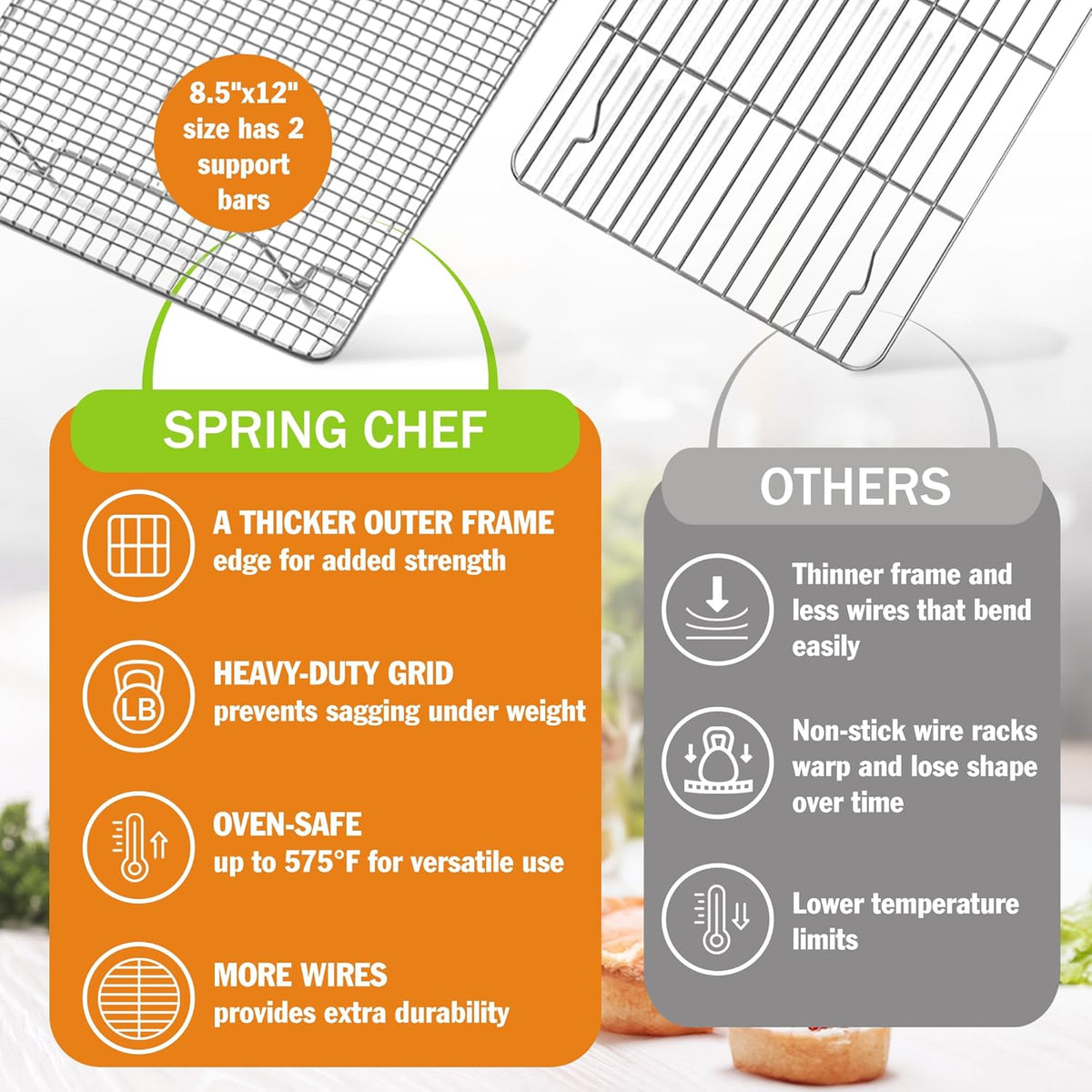 Spring Chef 8.5 x 12 Inch Stainless Steel Cooling Rack for Cooking and Baking - Oven Safe Cookie Cooling Rack - Fits Small Quarter Sheet Pan - Dishwasher Safe
