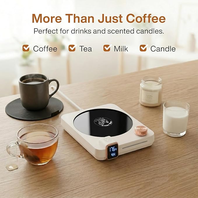 Coffee Mug Warmer for Desk, 40W Electric Cup Warmer with Digital Display, 9 Temp Settings, 1–12H Timer & Auto On/Off, LED Display Candle & Beverage Warmer Plate.