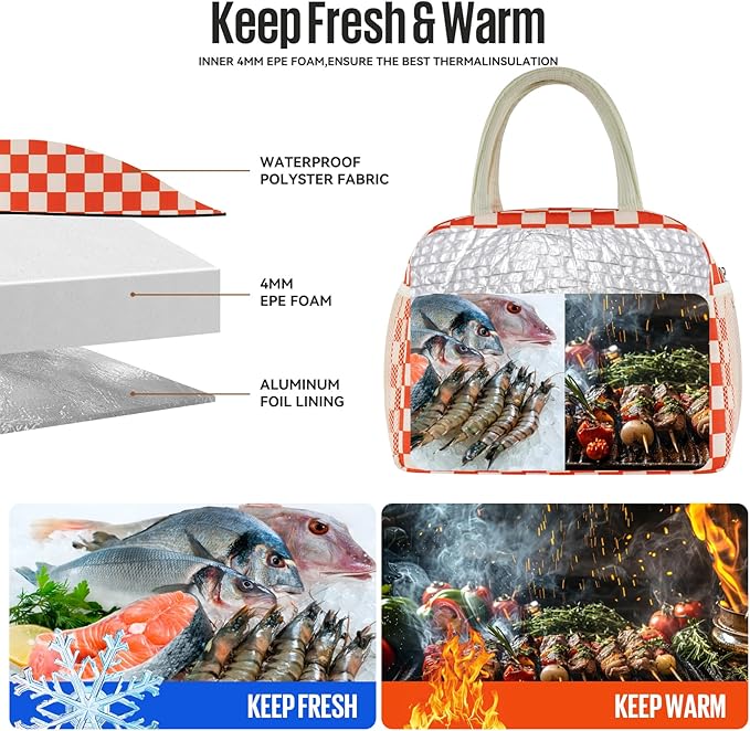 douyadady Lunch Bag Women/Men Lunch Box Women/Men (Red+Beige Checkerboard)