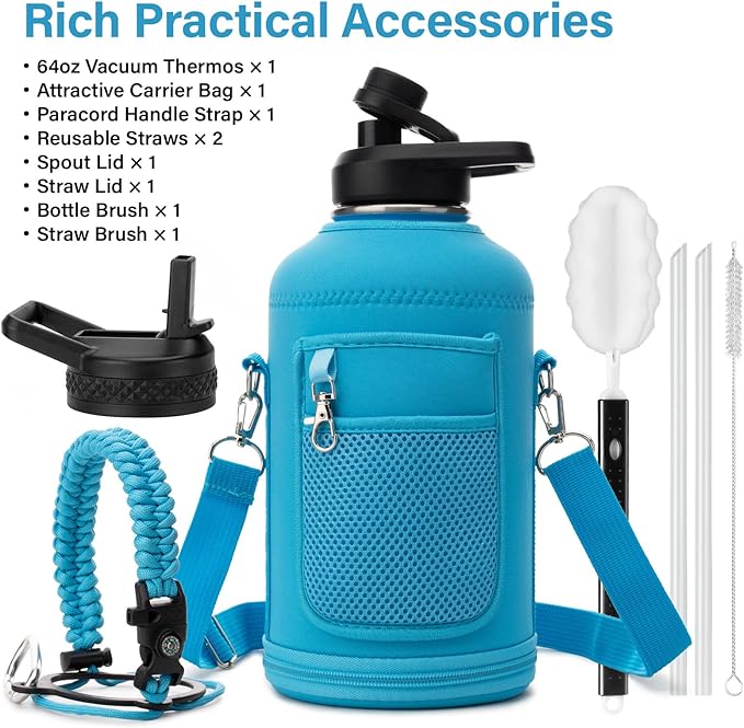 DYSANKY Insulated Water Bottle | Thickened Stainless Steel Vacuum Metal | Portable Sports Half Gallon Large Water Jug for Gym and Hiking with Straw, Carrier Bag, Handle Strap | BPA-Free 64 oz