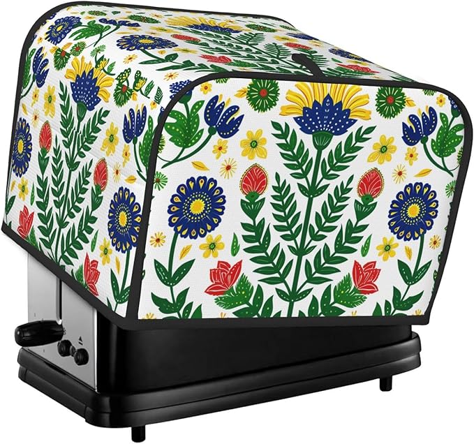 Mexican Folk Flowers Covers for 4 Slice Toasters,Cute Country Bread Machine Cover with Handle,Washable Stain Resistant Kitchen Small Appliance Cover Dining Decor
