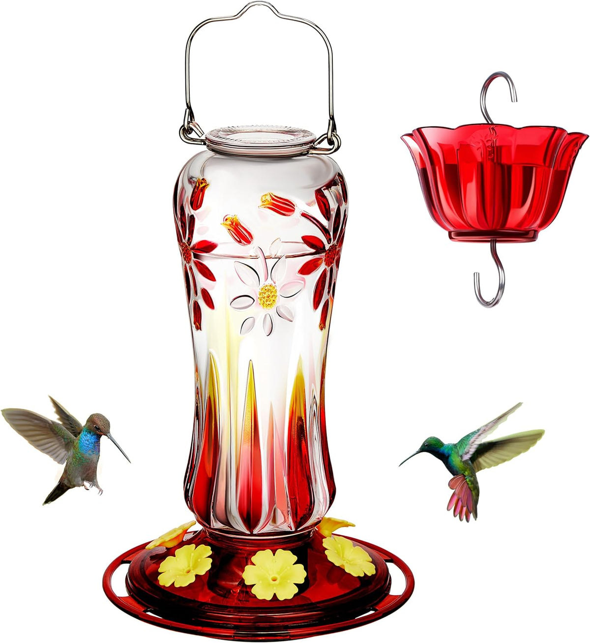 Kingsyard Hummingbird Feeder for Outdoors Hanging, 25 Ounces, Glass Humming Bird Nectar Feeder with Ant Moat & 6 Feeding Ports, Leak Proof, Red